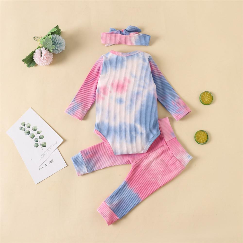 Baby Long Sleeve Crew Neck Tie Dye Romper & Pants & Headband - PrettyKid