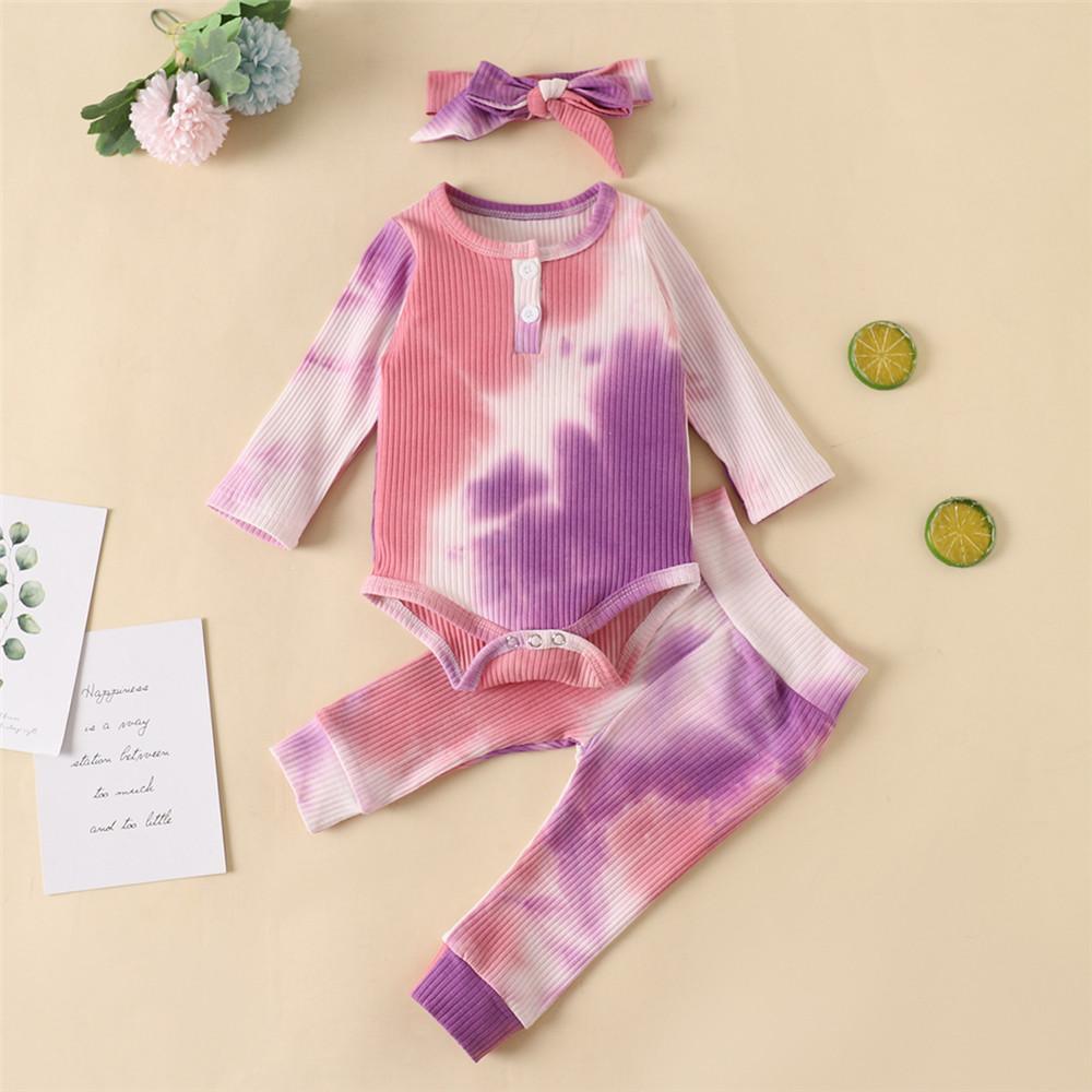 Baby Long Sleeve Crew Neck Tie Dye Romper & Pants & Headband - PrettyKid