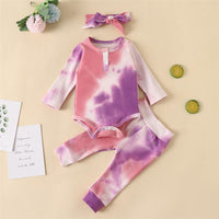 Baby Long Sleeve Crew Neck Tie Dye Romper & Pants & Headband - PrettyKid