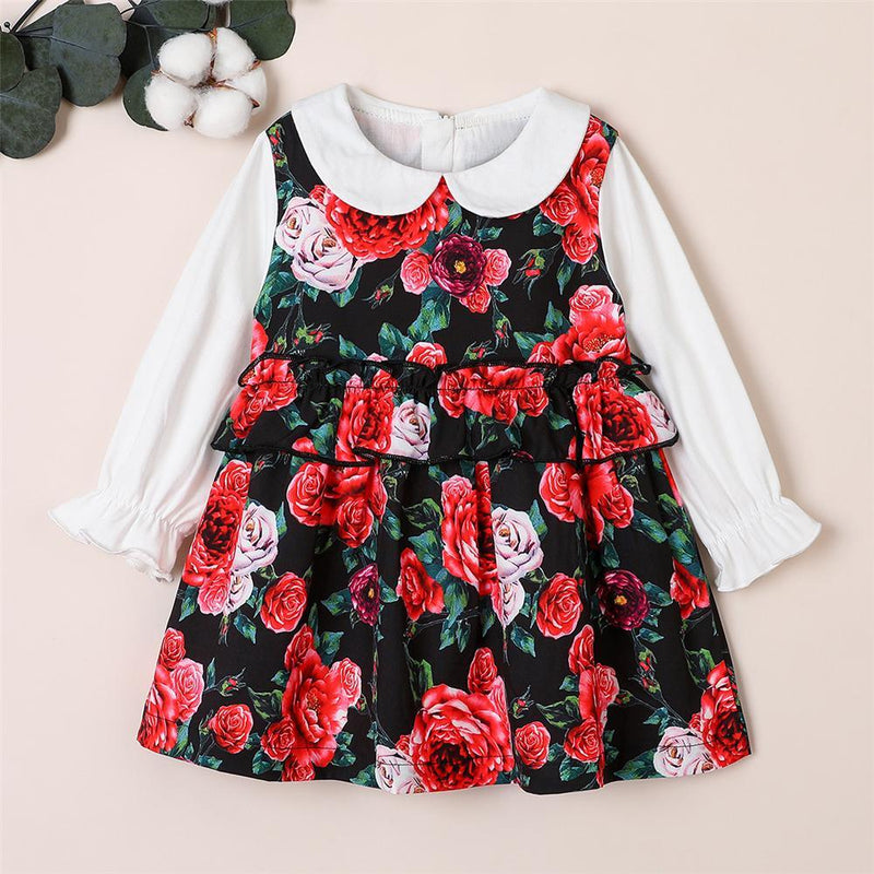 Girls Long Sleeve Doll Collar Floral Printed Dress Kids Wear Wholesale - PrettyKid