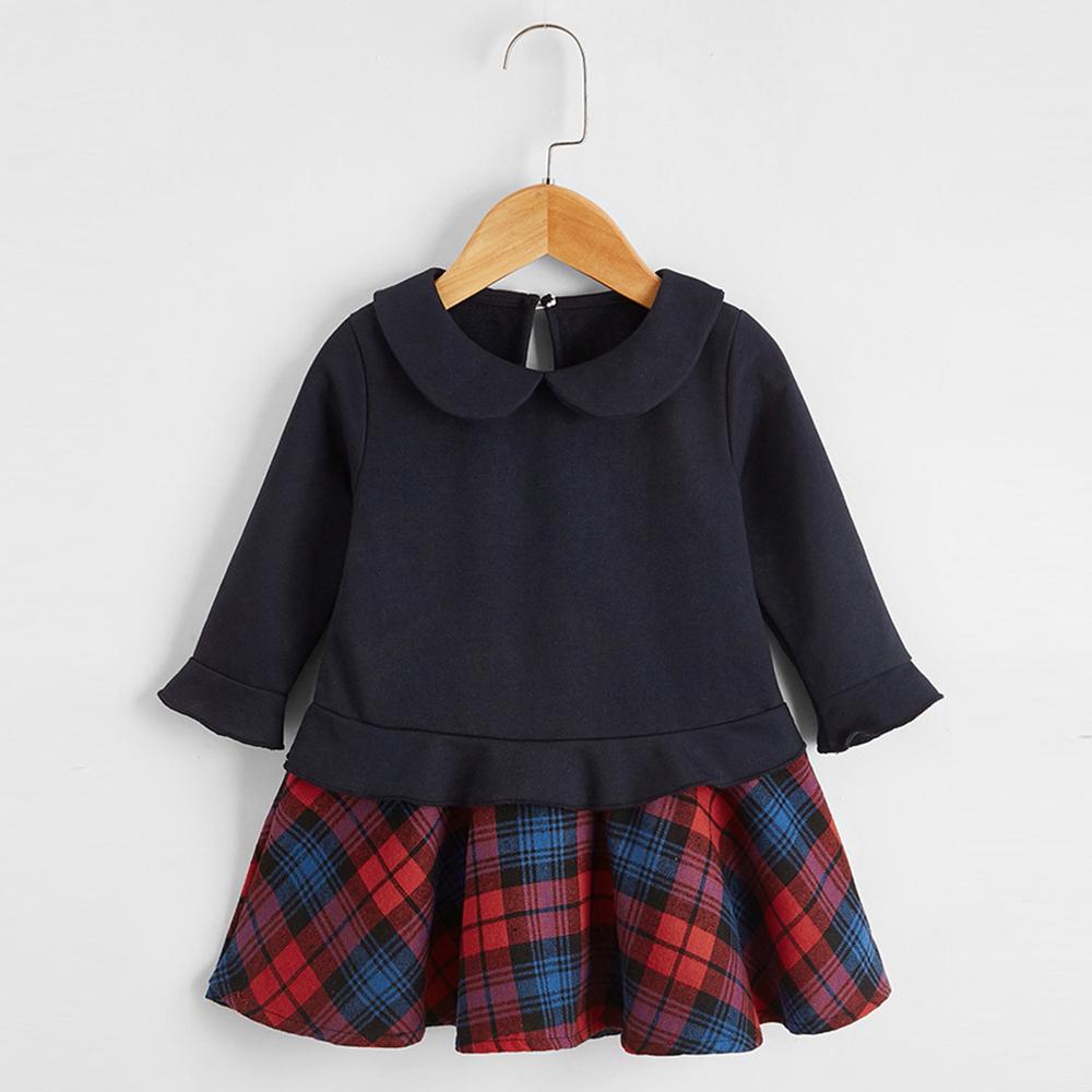Baby Girls Long Sleeve Doll Collar Plaid Splicing Dress Baby Clothes Vendors - PrettyKid