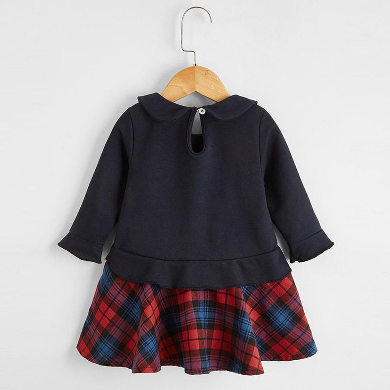Baby Girls Long Sleeve Doll Collar Plaid Splicing Dress Baby Clothes Vendors - PrettyKid