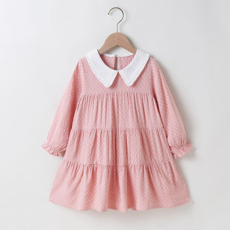 Girls Long Sleeve Doll Collar Pleated Dress Girls Wholesale Dresses - PrettyKid