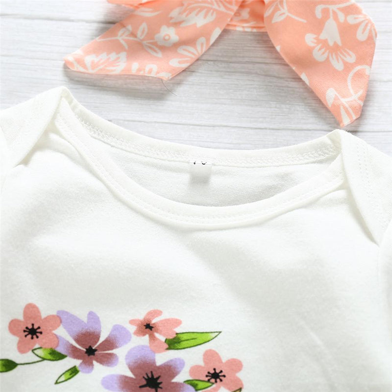 Baby Girls Long Sleeve Floral Letter Printed Romper & Hat & Headband - PrettyKid