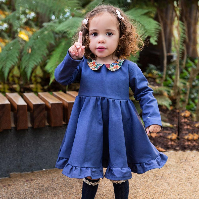 Girls Long Sleeve Floral Printed Collar Ruffle Dress Girls Dress Wholesale - PrettyKid