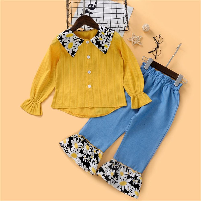 Girls Long Sleeve Floral Printed Lapel Blouse & Pants Wholesale Girl Clothing - PrettyKid
