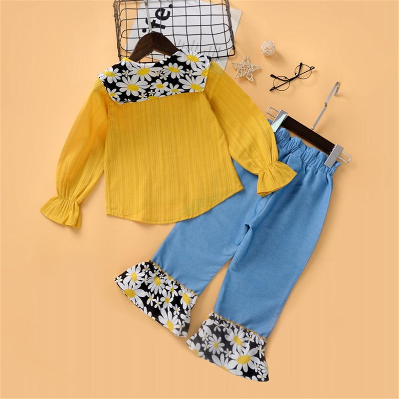 Girls Long Sleeve Floral Printed Lapel Blouse & Pants Wholesale Girl Clothing - PrettyKid