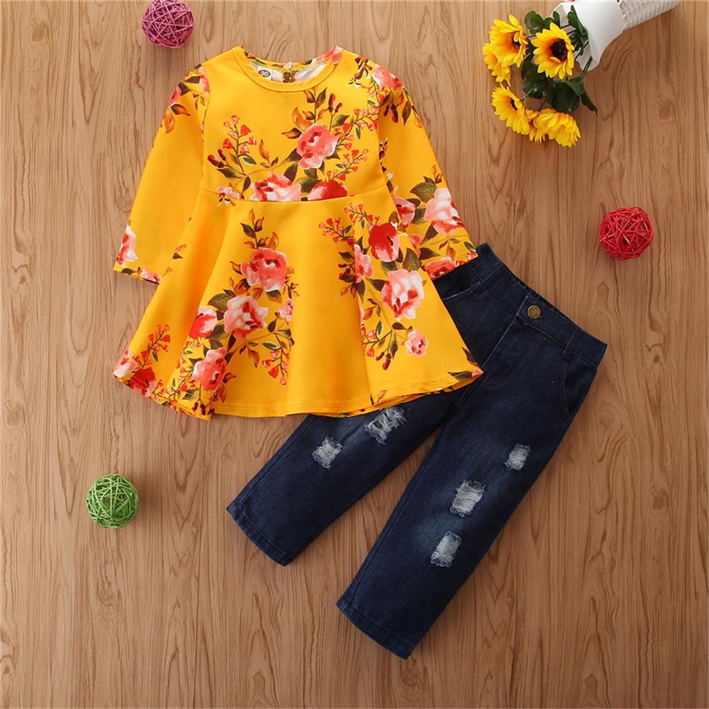 Girls Long Sleeve Floral Printed Top & Ripped Jeans Toddler Girls Wholesale - PrettyKid