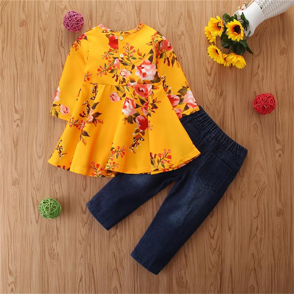 Girls Long Sleeve Floral Printed Top & Ripped Jeans Toddler Girls Wholesale - PrettyKid