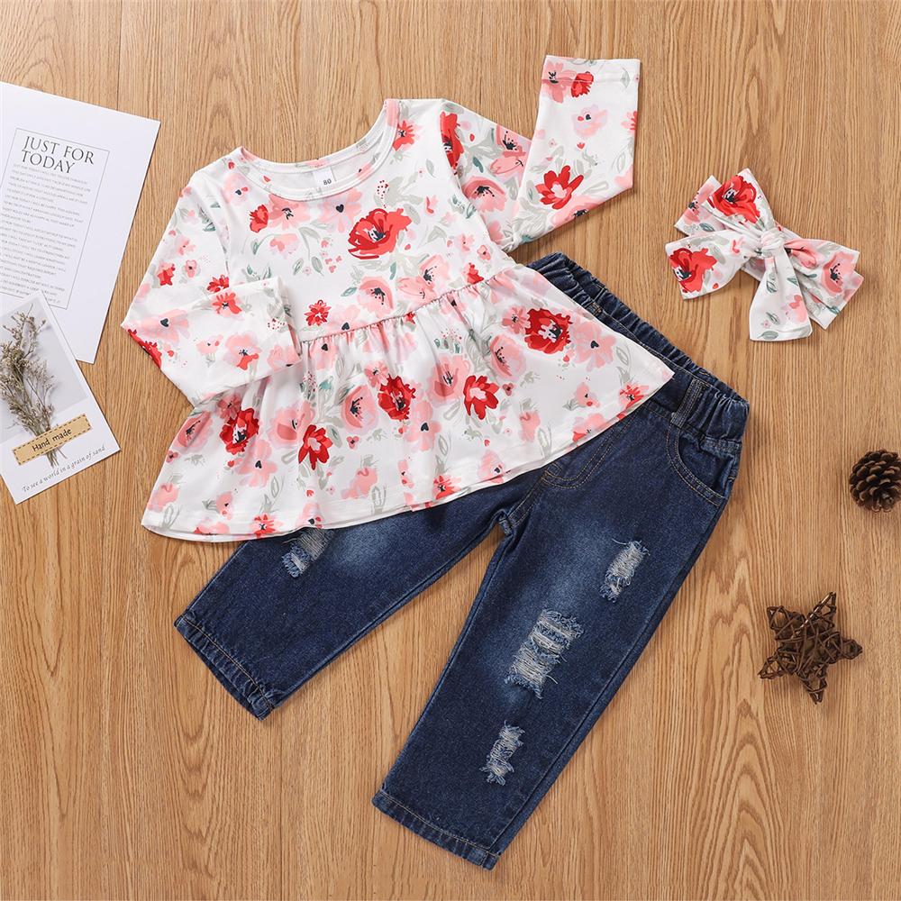 Girls Long Sleeve Flower Printed Top & Ripped Jeans & Headband Wholesale Little Girls Clothes - PrettyKid