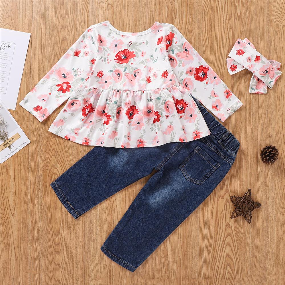 Girls Long Sleeve Flower Printed Top & Ripped Jeans & Headband Wholesale Little Girls Clothes - PrettyKid