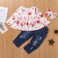 Girls Long Sleeve Flower Printed Top & Ripped Jeans & Headband Wholesale Little Girls Clothes - PrettyKid