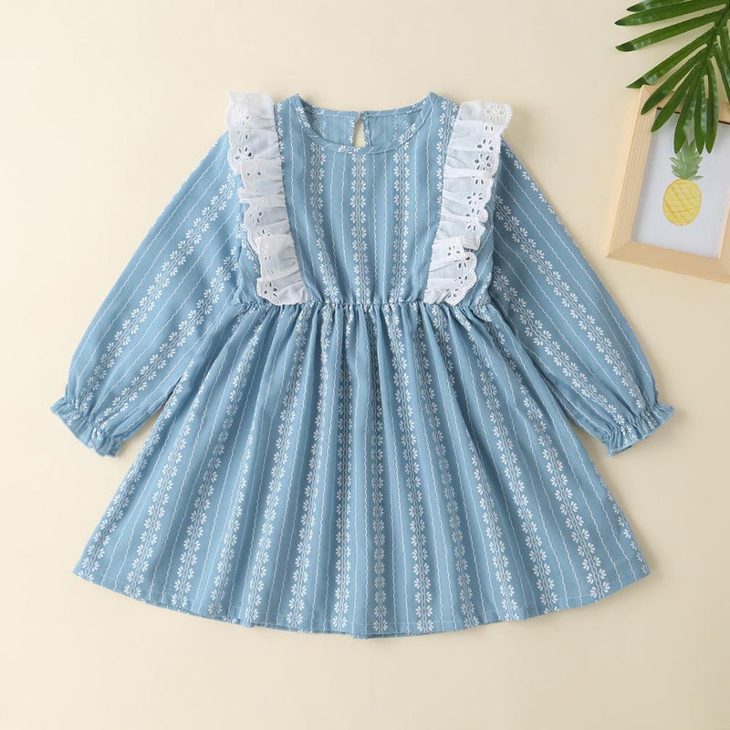 Girls Long Sleeve Flower Ruffle Dress - PrettyKid