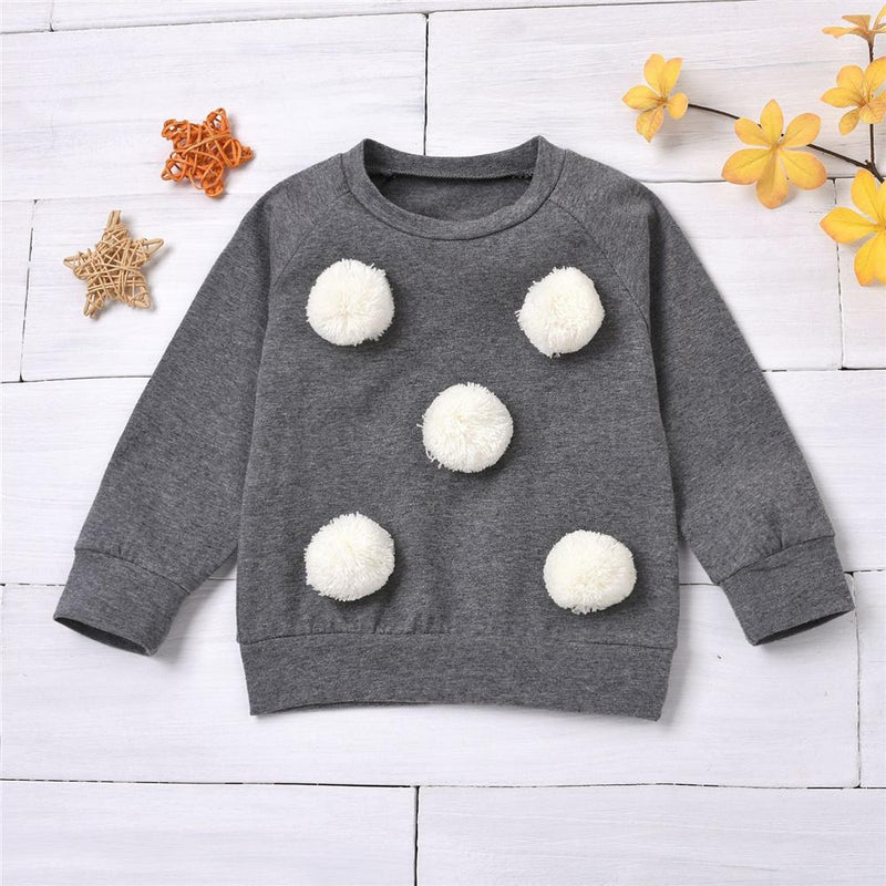 Girls Long Sleeve Furry Ball Crew Neck T-shirt Wholesale Boutique Girl Clothing - PrettyKid