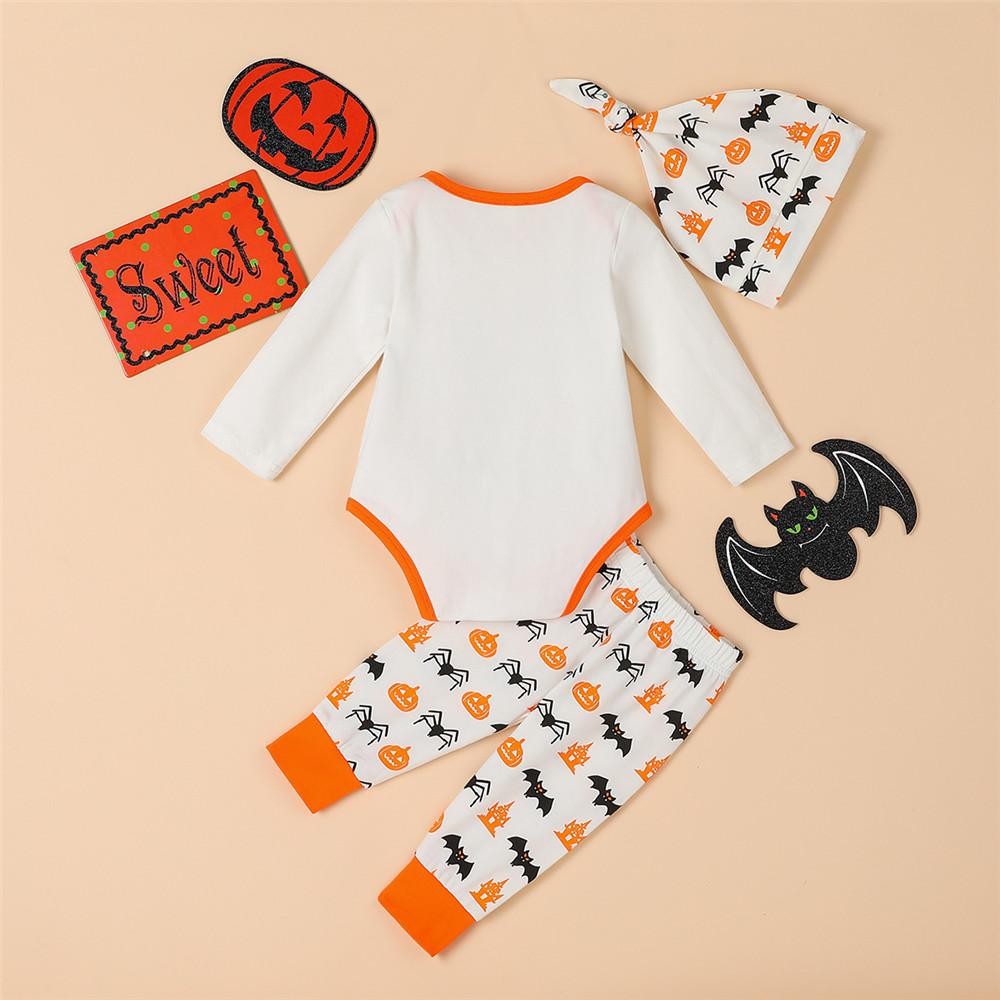 Baby Long Sleeve Halloween Pumpkin Print Romper & Pants & Hat - PrettyKid