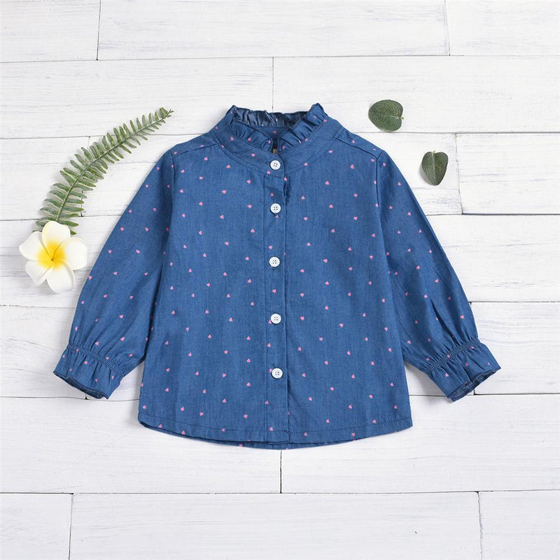 Girls Long Sleeve Heart Printed Button Blouses Wholesale Children - PrettyKid