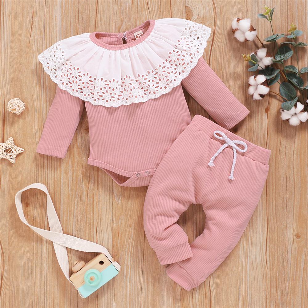 Baby Girls Long Sleeve Hollow-out Collar Romper & Pants Cheap Baby Clothes In Bulk - PrettyKid