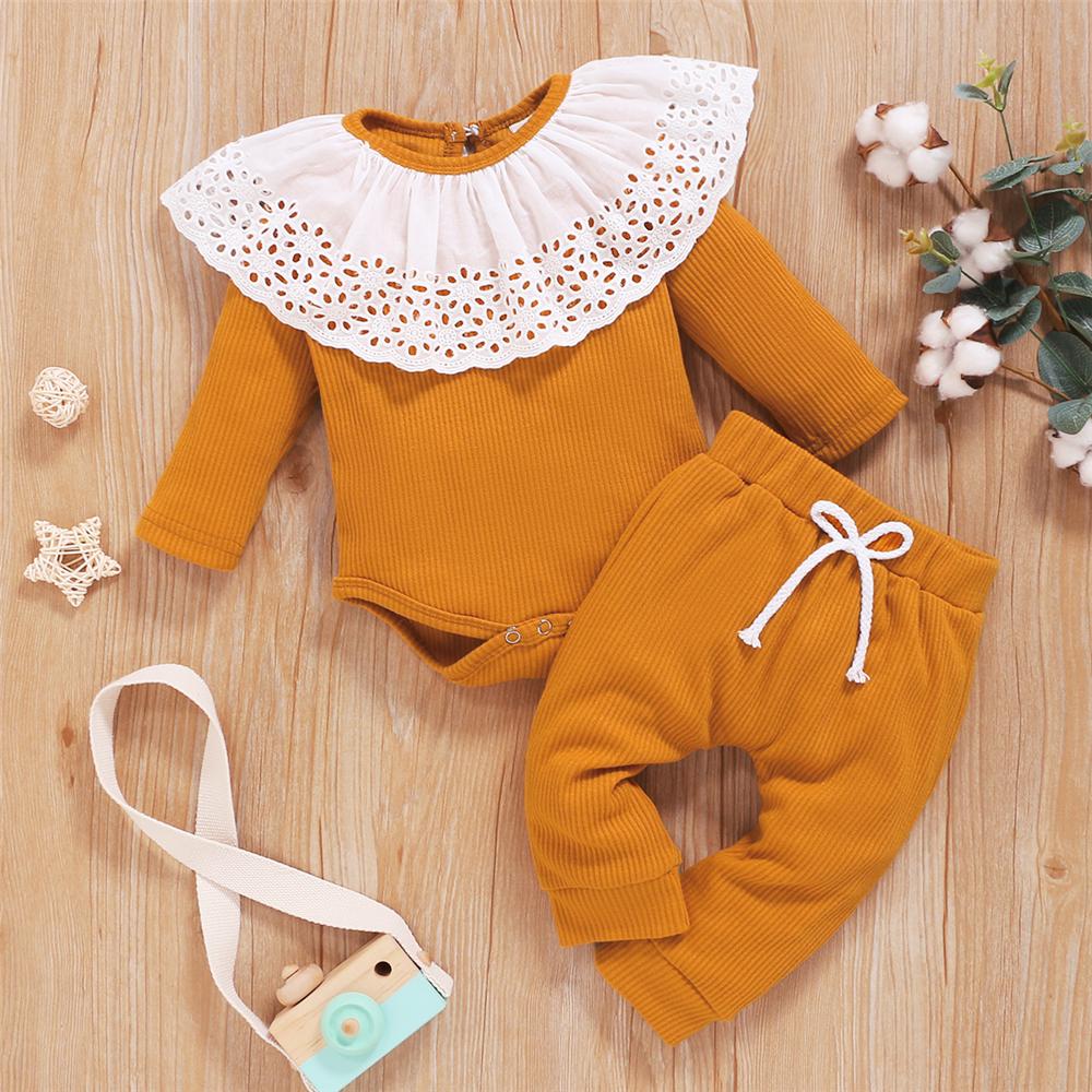 Baby Girls Long Sleeve Hollow-out Collar Romper & Pants Cheap Baby Clothes In Bulk - PrettyKid