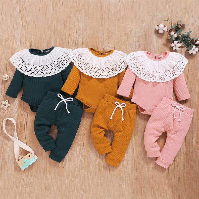 Baby Girls Long Sleeve Hollow-out Collar Romper & Pants Cheap Baby Clothes In Bulk - PrettyKid