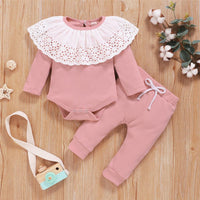 Baby Girls Long Sleeve Hollow-out Collar Romper & Pants Cheap Baby Clothes In Bulk - PrettyKid