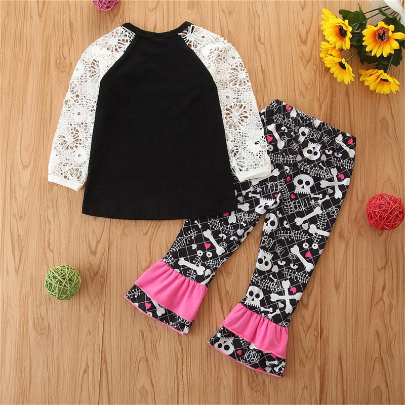 Girls Long Sleeve Hollow Out Letter Printed Top & Bell Pants Wholesale - PrettyKid