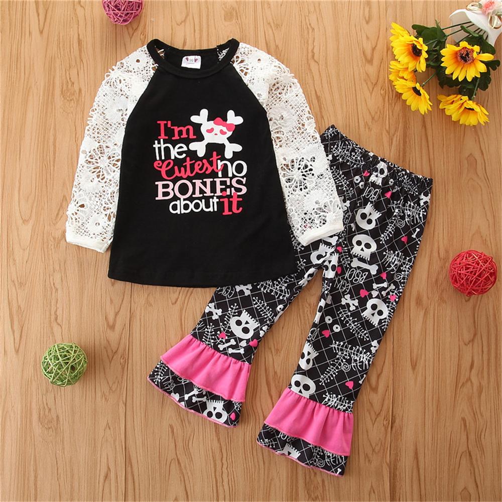 Girls Long Sleeve Hollow Out Letter Printed Top & Bell Pants Wholesale - PrettyKid