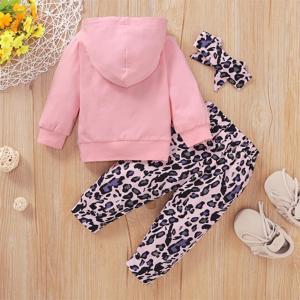 Baby Girls Long Sleeve Hooded Leopard Letter Printed Top & Pants & Headband baby Three Piece Set - PrettyKid