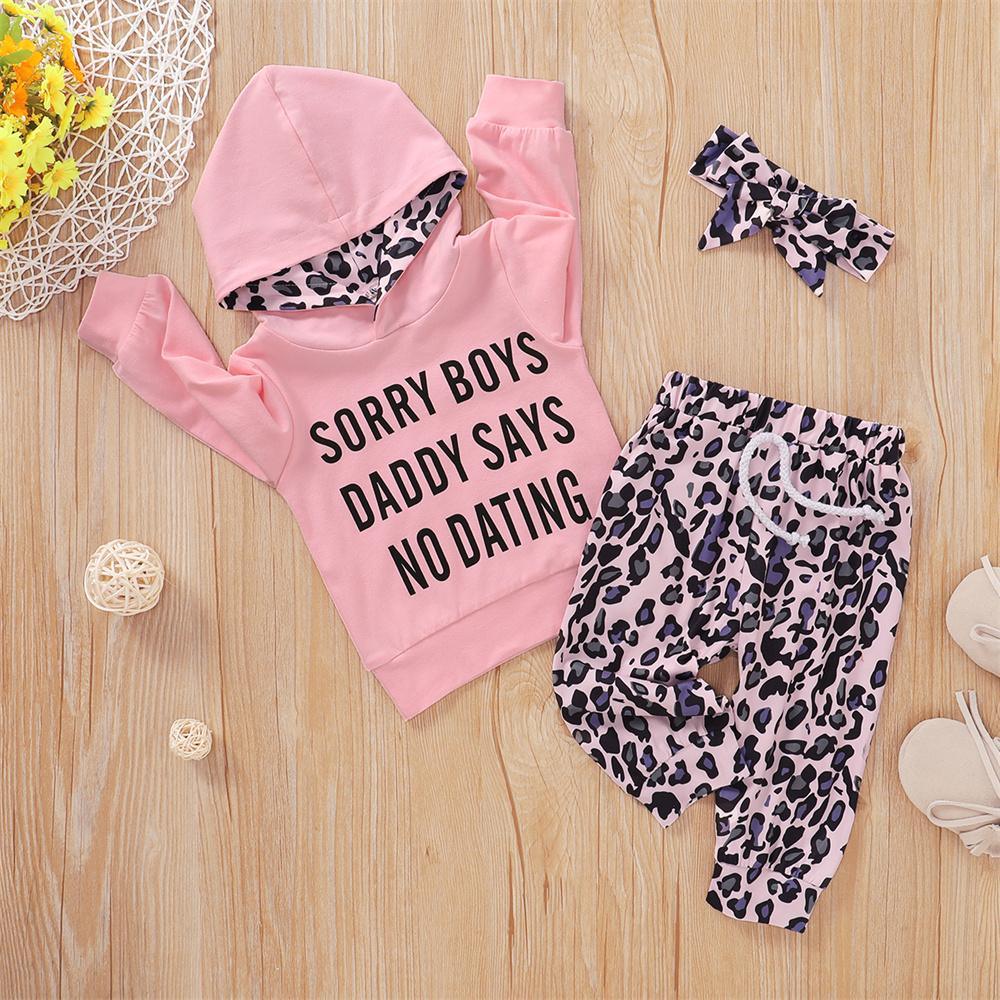 Baby Girls Long Sleeve Hooded Leopard Letter Printed Top & Pants & Headband baby Three Piece Set - PrettyKid