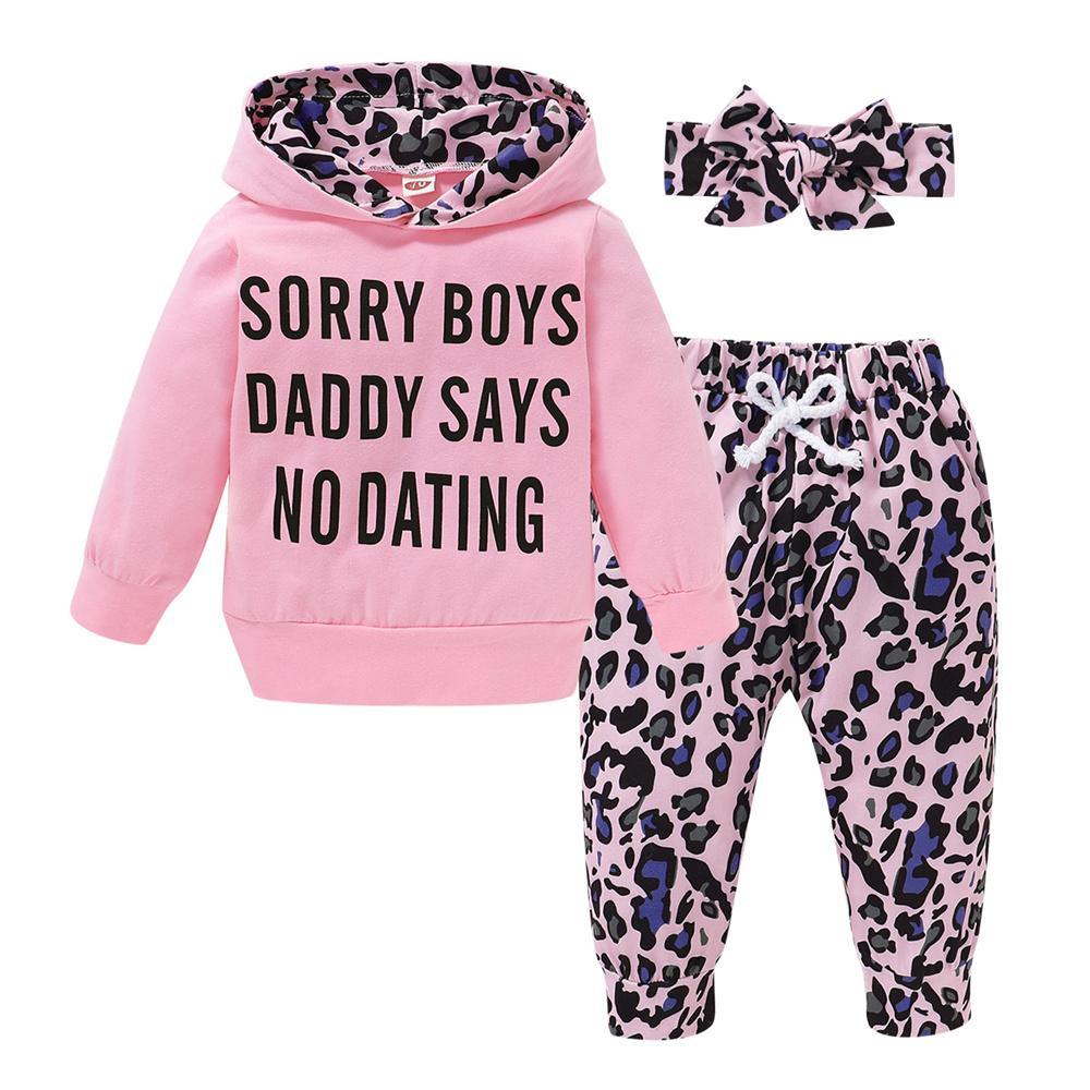 Baby Girls Long Sleeve Hooded Leopard Letter Printed Top & Pants & Headband baby Three Piece Set - PrettyKid
