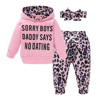 Baby Girls Long Sleeve Hooded Leopard Letter Printed Top & Pants & Headband baby Three Piece Set - PrettyKid