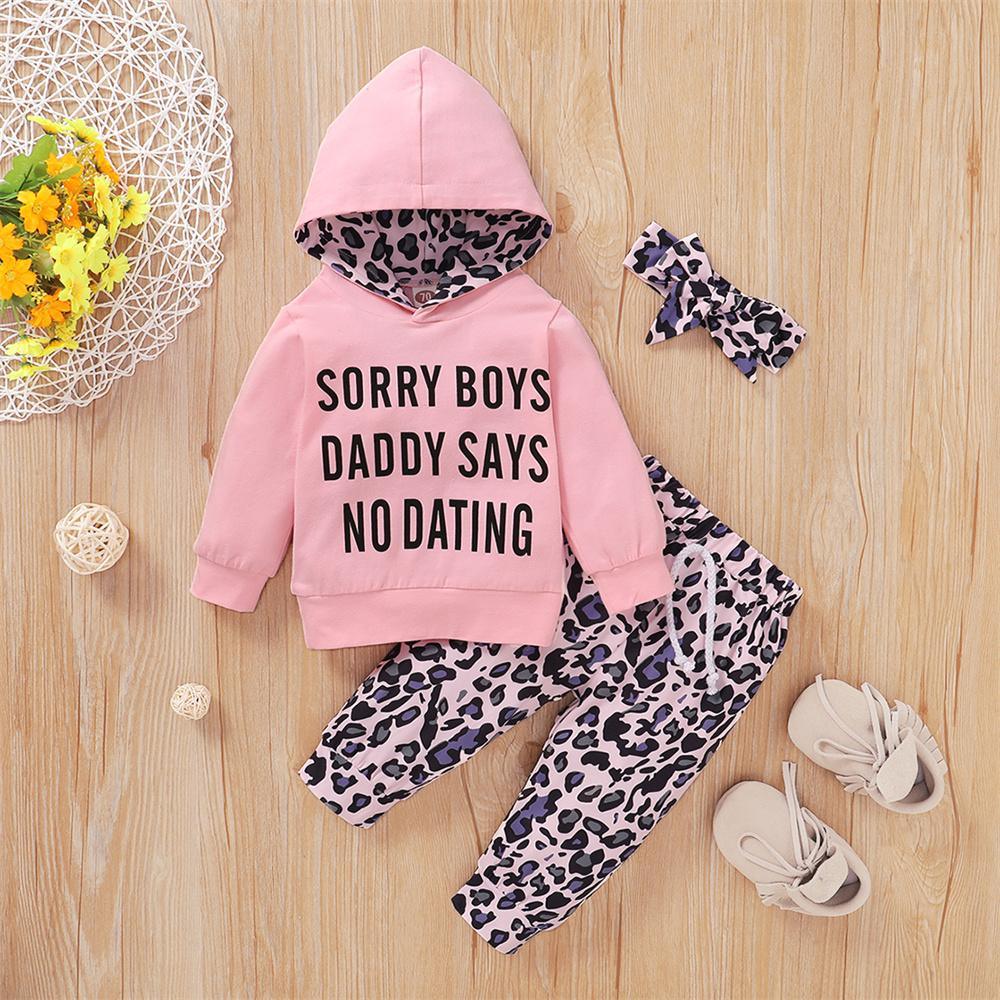 Baby Girls Long Sleeve Hooded Leopard Letter Printed Top & Pants & Headband baby Three Piece Set - PrettyKid