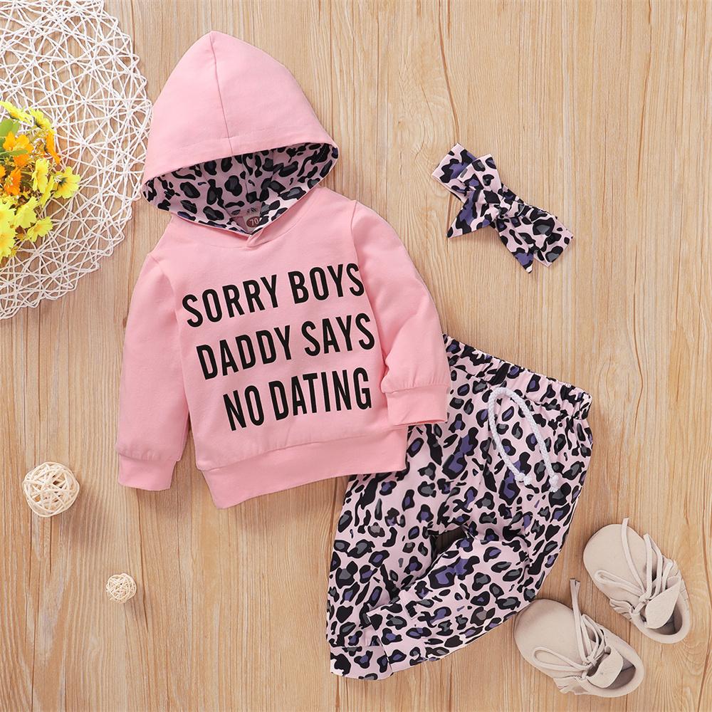 Baby Girls Long Sleeve Hooded Leopard Letter Printed Top & Pants & Headband baby Three Piece Set - PrettyKid