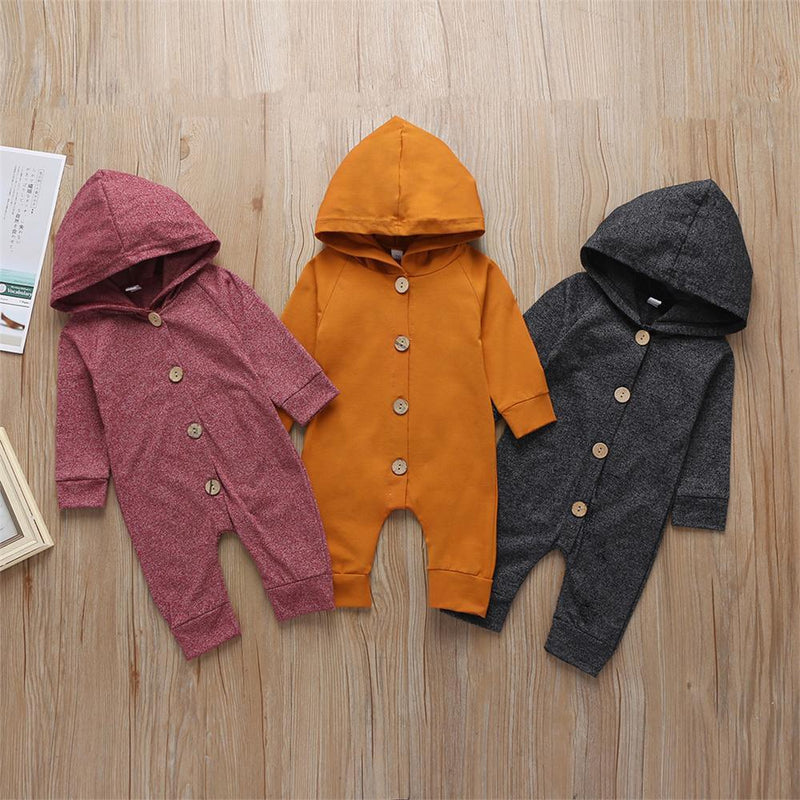 Baby Unisex Long Sleeve Hooded Solid Button Romper Baby Wholesales - PrettyKid