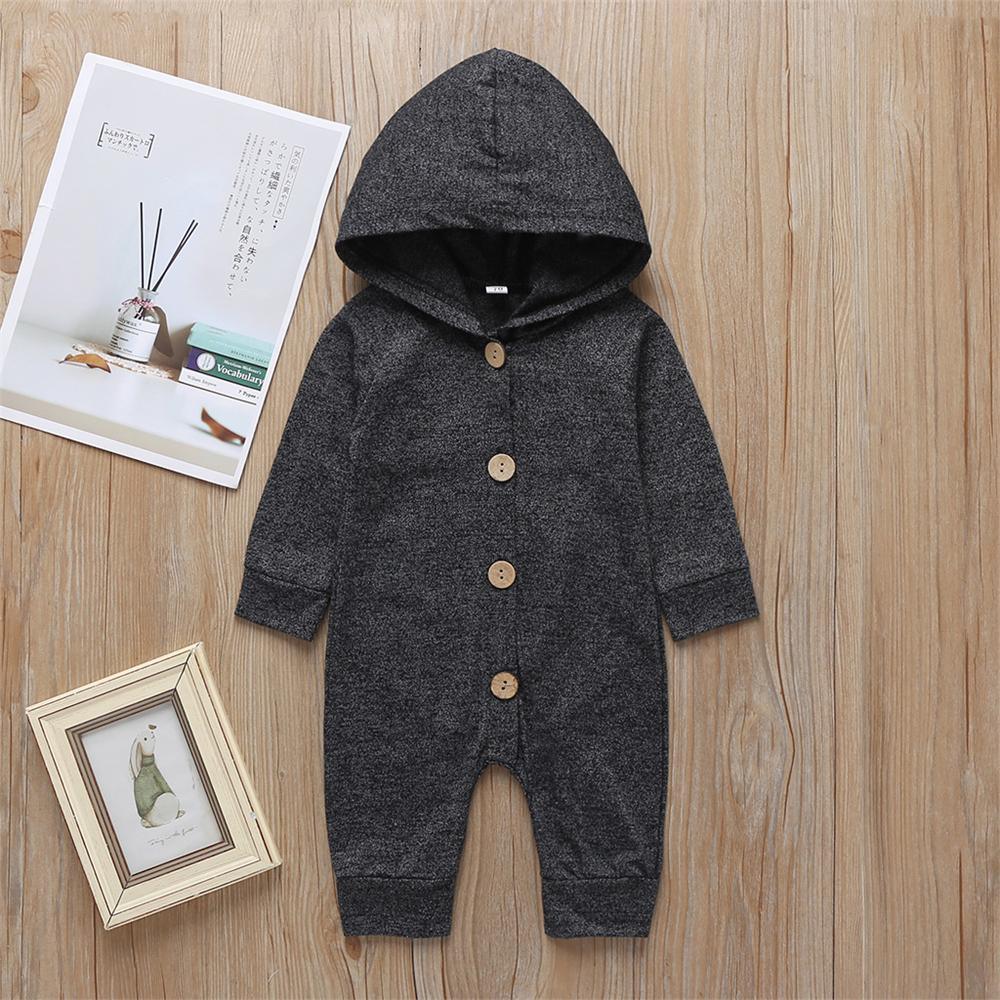 Baby Unisex Long Sleeve Hooded Solid Button Romper Baby Wholesales - PrettyKid