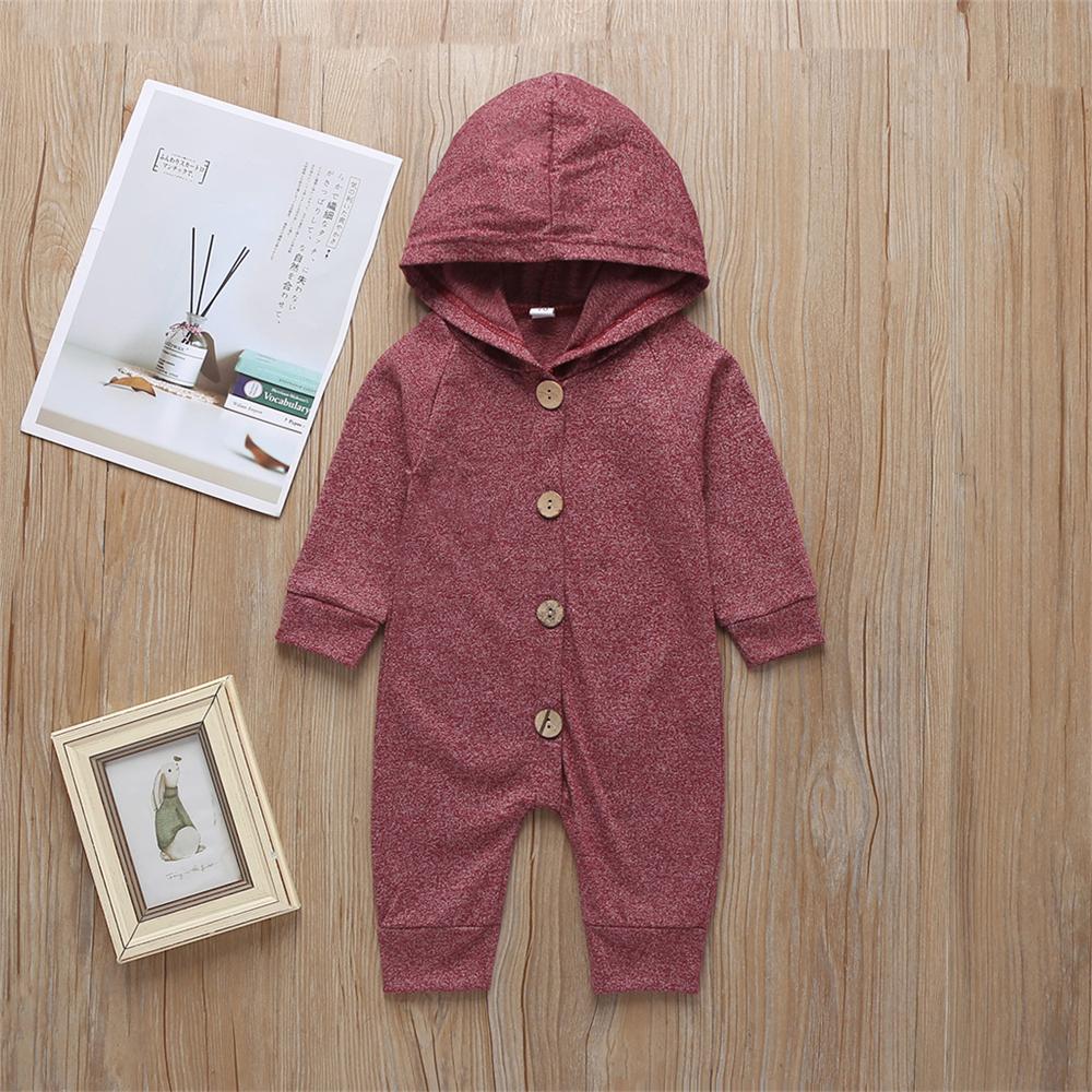 Baby Unisex Long Sleeve Hooded Solid Button Romper Baby Wholesales - PrettyKid
