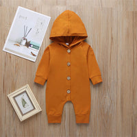 Baby Unisex Long Sleeve Hooded Solid Button Romper Baby Wholesales - PrettyKid