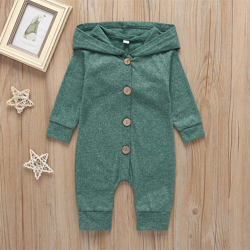 Baby Unisex Long Sleeve Hooded Solid Button Romper Baby Wholesales - PrettyKid