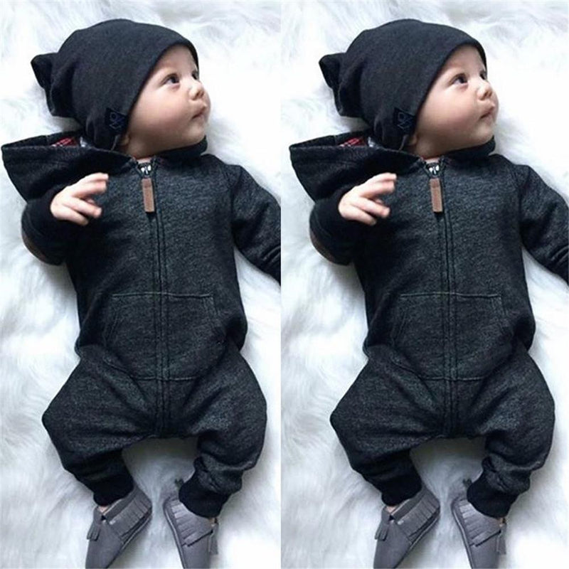 Baby Boys Long Sleeve Hooded Solid Rompers - PrettyKid