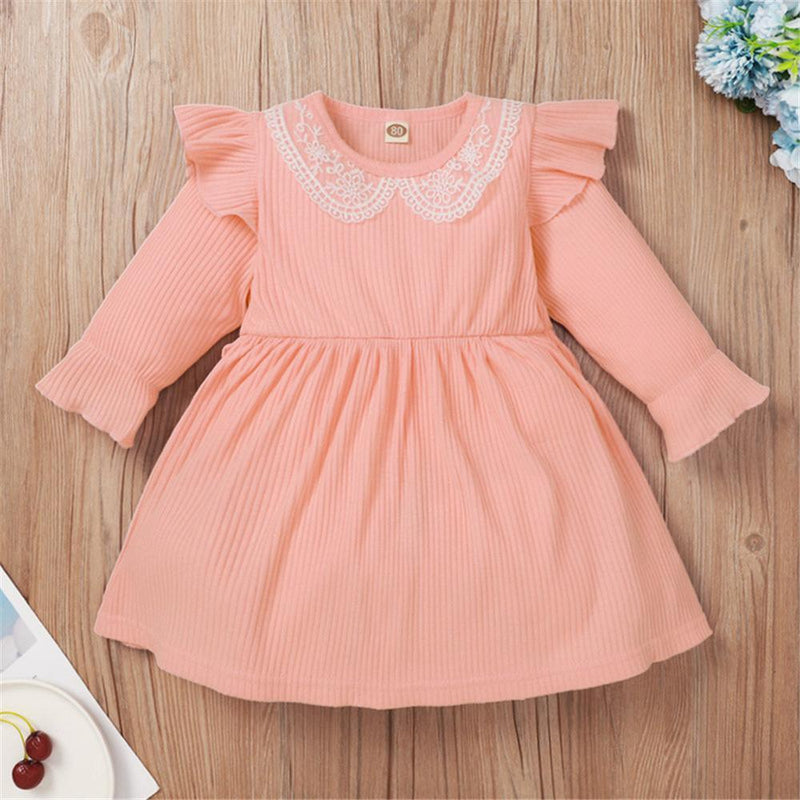 Baby Girls Long Sleeve Lace Collar Dress Cheap Baby Clothes In Bulk - PrettyKid