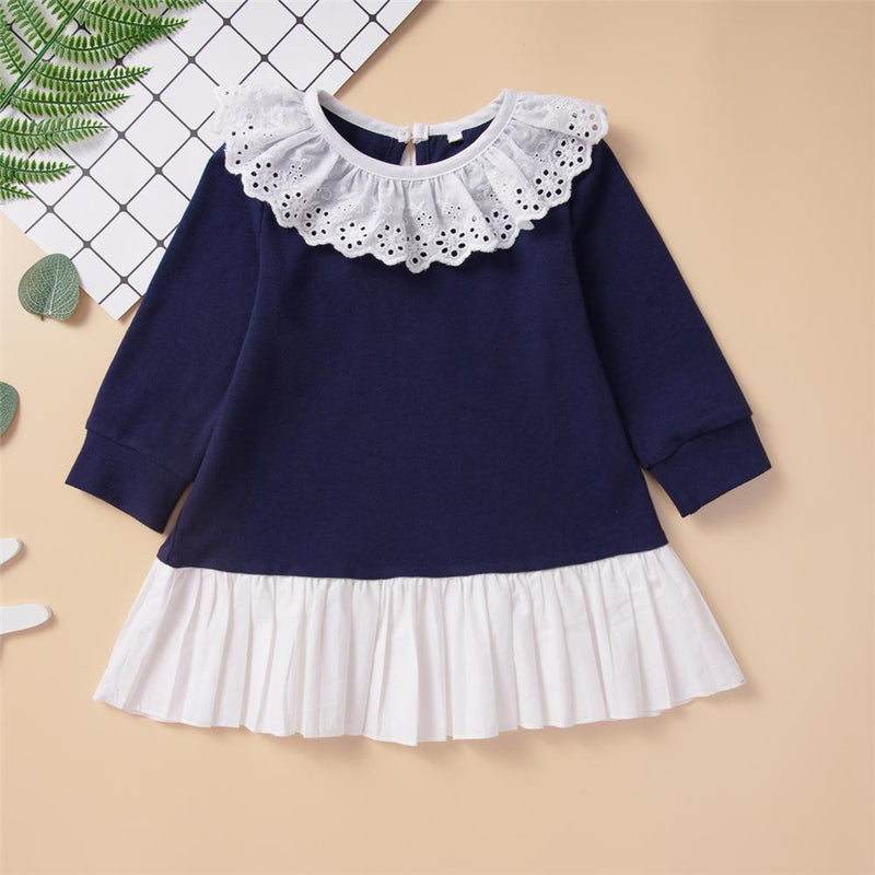 Baby Girls Long Sleeve Lace Collar Pleated Dress Wholesale Baby Clothes - PrettyKid