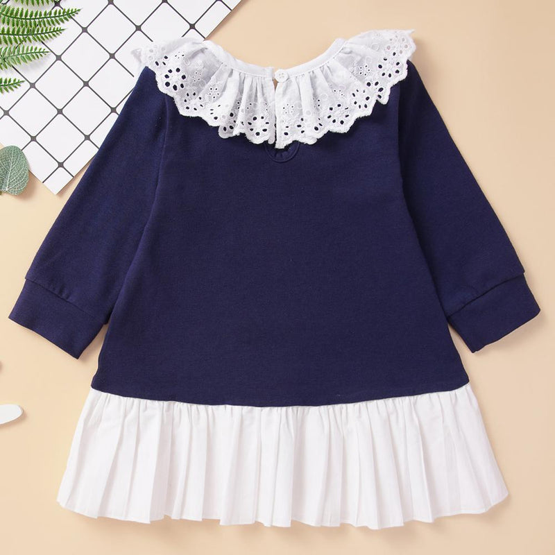 Baby Girls Long Sleeve Lace Collar Pleated Dress Wholesale Baby Clothes - PrettyKid