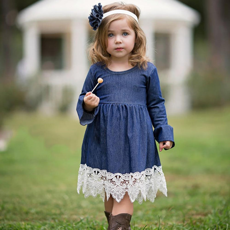 Toddler Girls Long Sleeve Lace Denim Wholesale Girl Dresses - PrettyKid