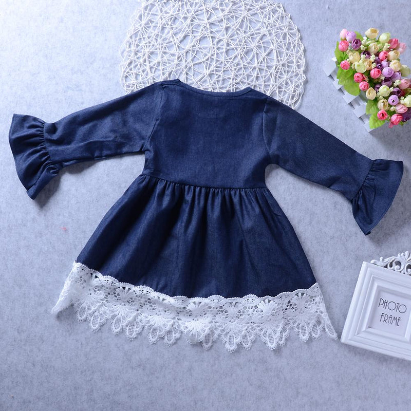 Toddler Girls Long Sleeve Lace Denim Wholesale Girl Dresses - PrettyKid