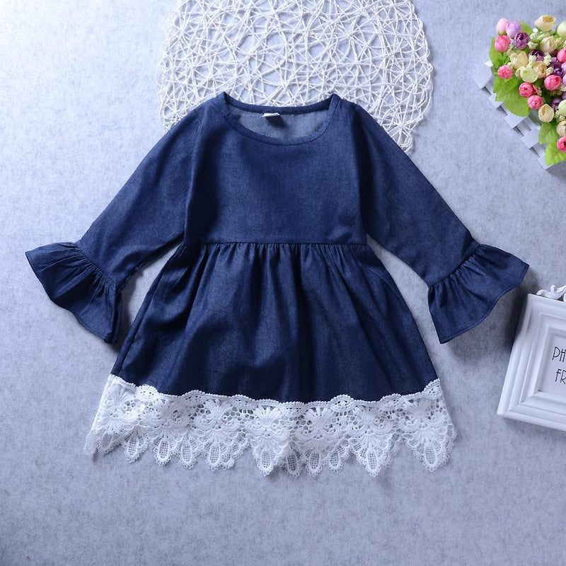 Toddler Girls Long Sleeve Lace Denim Wholesale Girl Dresses - PrettyKid