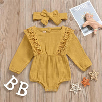 Baby Girls Long Sleeve Lace Solid Romper & Headband Baby Wholesale - PrettyKid