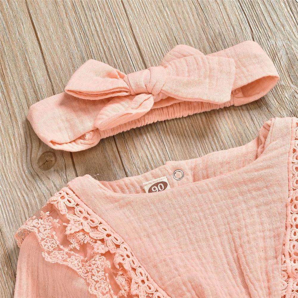 Baby Girls Long Sleeve Lace Solid Romper & Headband Baby Wholesale - PrettyKid