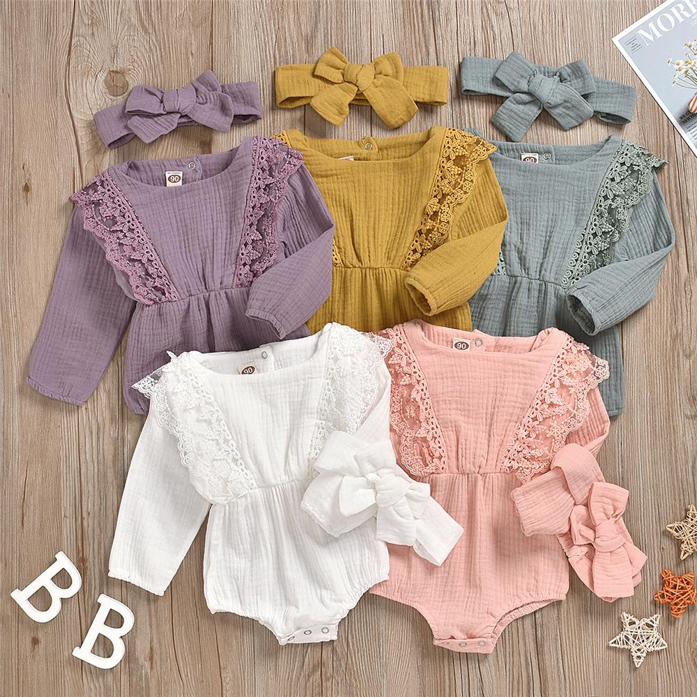 Baby Girls Long Sleeve Lace Solid Romper & Headband Baby Wholesale - PrettyKid