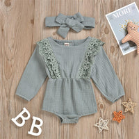 Baby Girls Long Sleeve Lace Solid Romper & Headband Baby Wholesale - PrettyKid