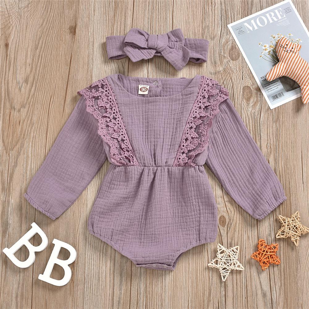 Baby Girls Long Sleeve Lace Solid Romper & Headband Baby Wholesale - PrettyKid