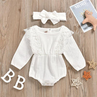 Baby Girls Long Sleeve Lace Solid Romper & Headband Baby Wholesale - PrettyKid